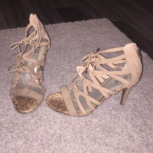 a.n.a a new approach tan snake print lace heels